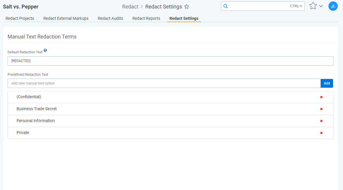 The Redact Settings tab