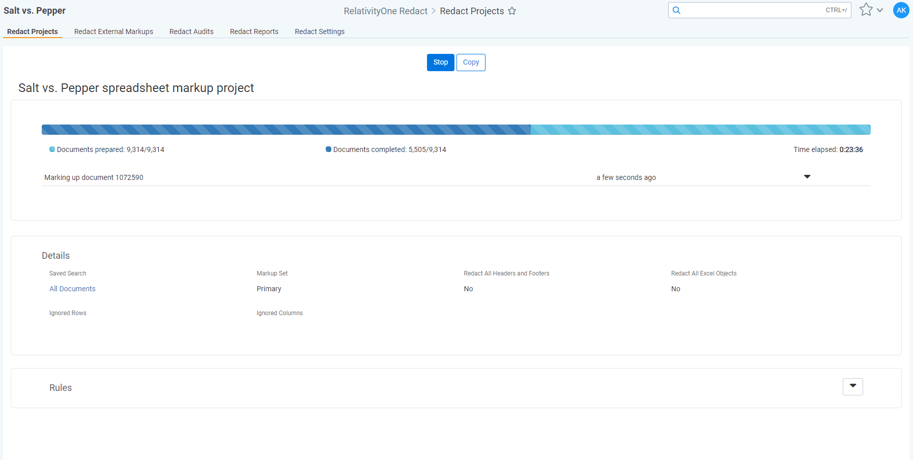 The Redact Projects tab with a spreadsheet markup project in progress.