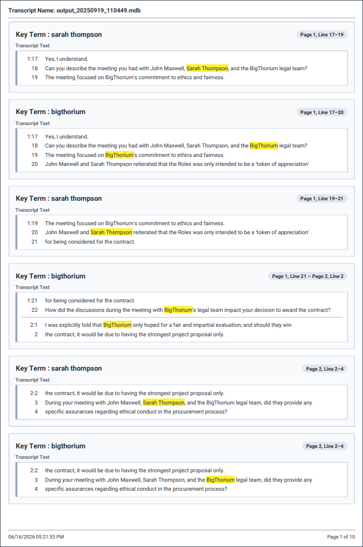 A transcript with key terms highlighted.