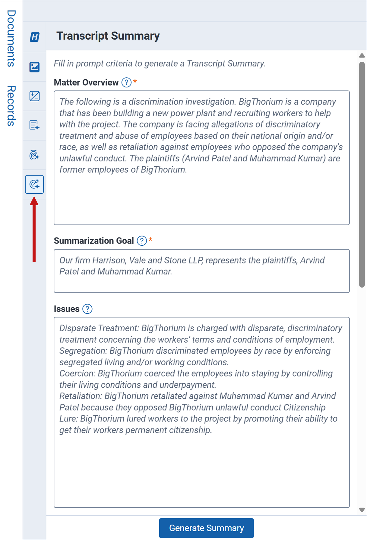 The Transcript Summary icon is highlighted in the Viewer.