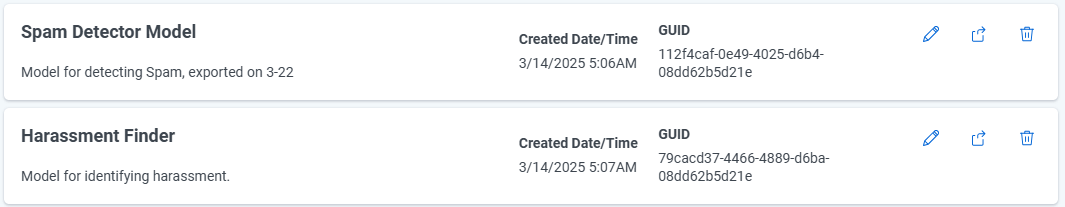 Models listed on the Saved Models tab