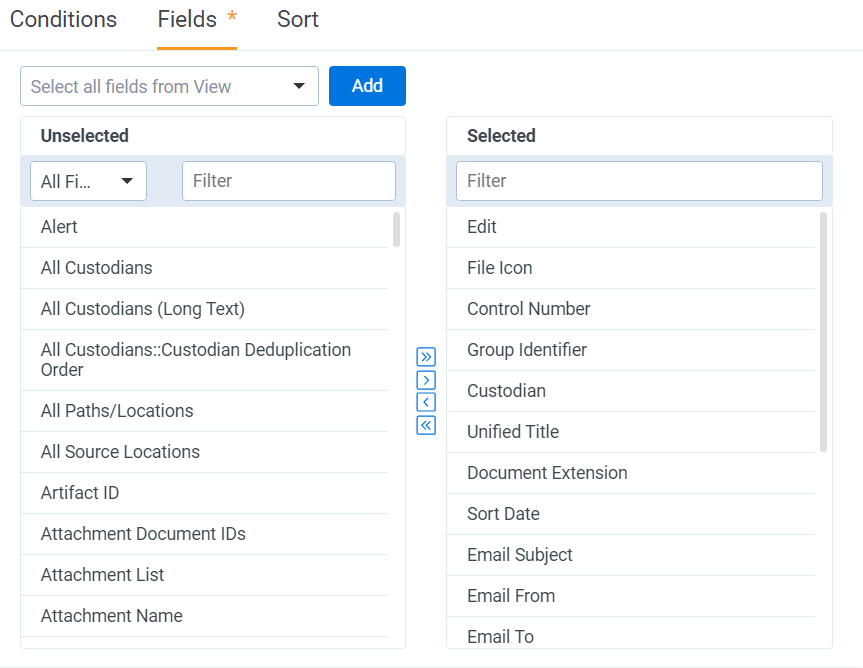 Fields tab for adding or removing displayed fields
