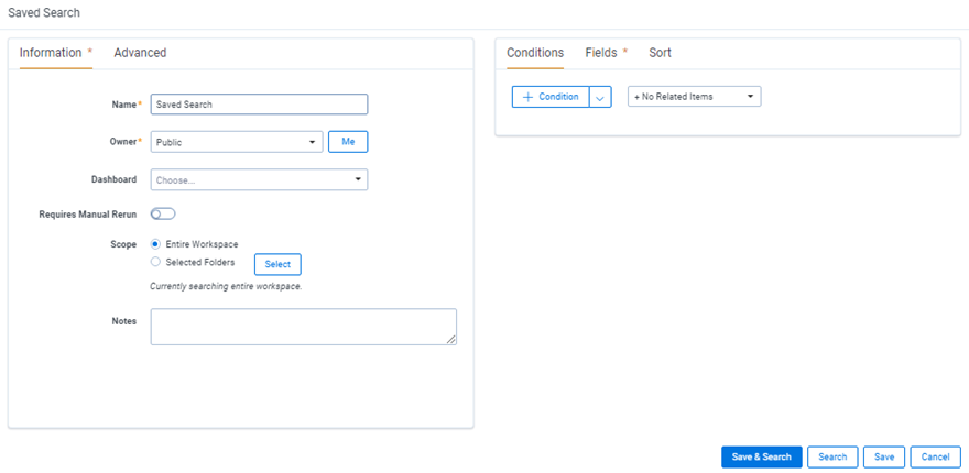 The saved search creation window.