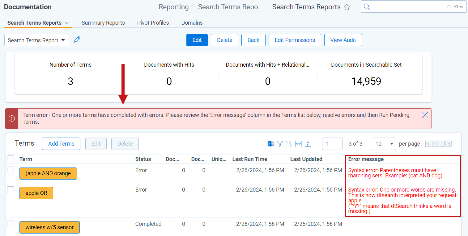 Search terms reports error column