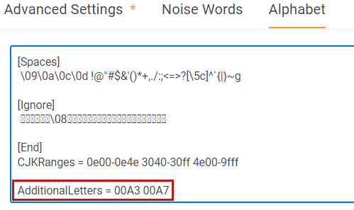 The additional letters settings on the alphabet file.
