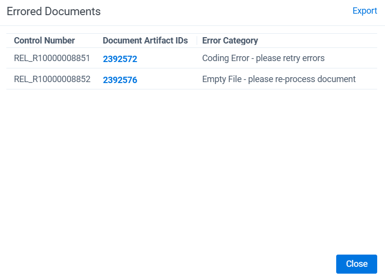 Error Documents modal.