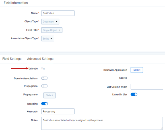 The Unicaode field set to Yes on the Advanced Settings tab of a field.