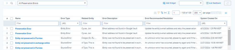 The Preservation Error list page with error examples.