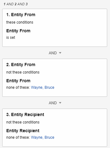 Search conditions card with 1 AND 2 AND 3.