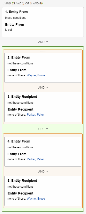 Search conditions card with 1 AND (2 AND 3) OR (4 AND 5).