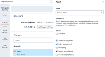 Workspace level Features tab of Permissions for Assist.