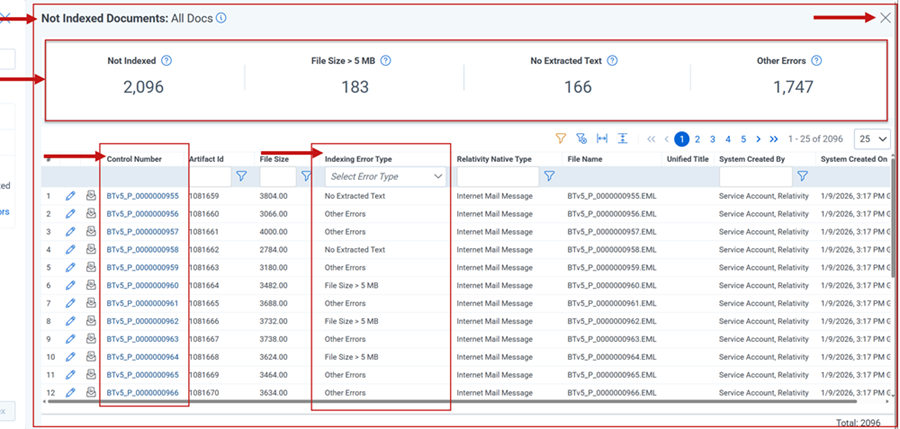 Index errors list showing name of selected index, indexing error type panel, control number colum, and indexing error type column.