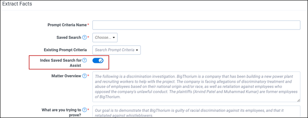 Case Strategy's Generate Fact dialog with Index Saved Search for Assist option highlighted.
