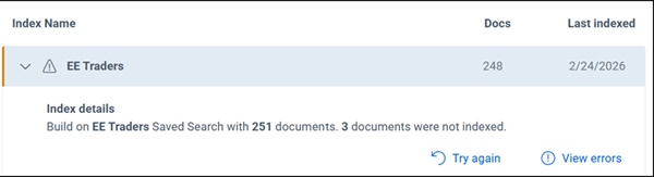 Index manager showing partial index build, number of documents indexed and not indexed with corresponding error reasons, and options to try rebuilding again and view details.