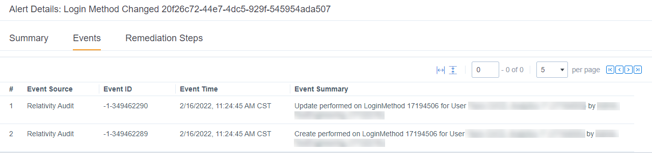 Security Alert Details - Events tab