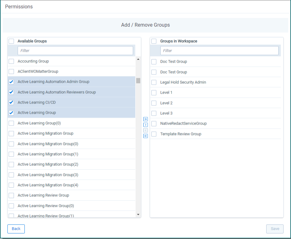 Selecting multiple groups to add to a workspace