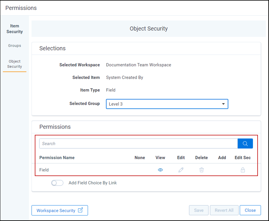 Object security permissions window