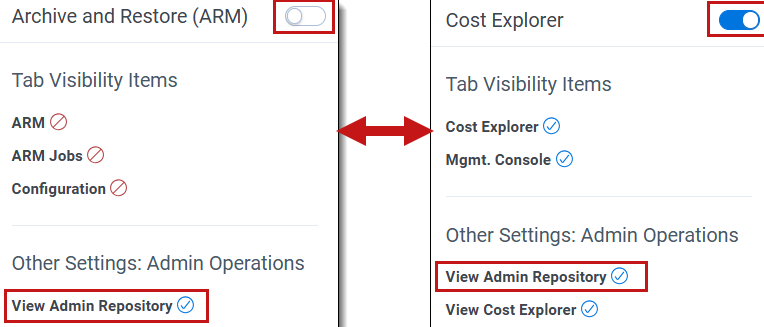 Showing ARM is disabled but View Admin Repository is still enabled and showing Cost Explorer and options enabled