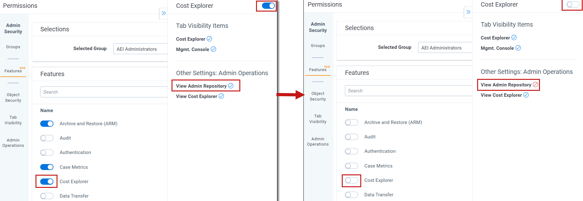 Cost Explorer shown enabled then disabled once View Admin Repository was disabled