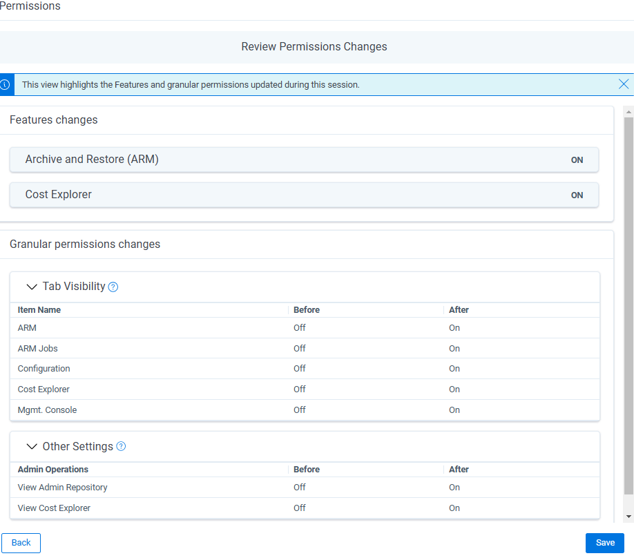 Review Permissions Changes dialog showing Features changes and Granular permissions changes