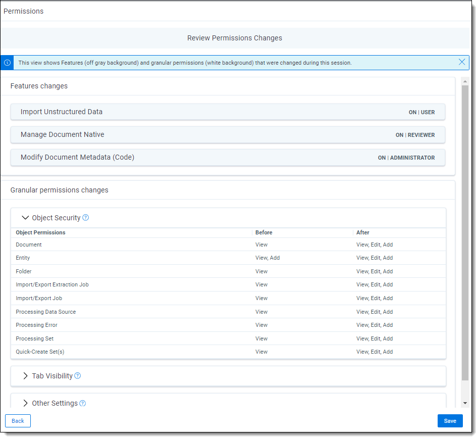 Review Permissions Changes with features changes and granular permissions changes listed
