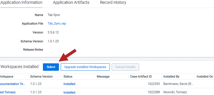 Installing tab sync user interface showing the select button used to select workspaces for installation.