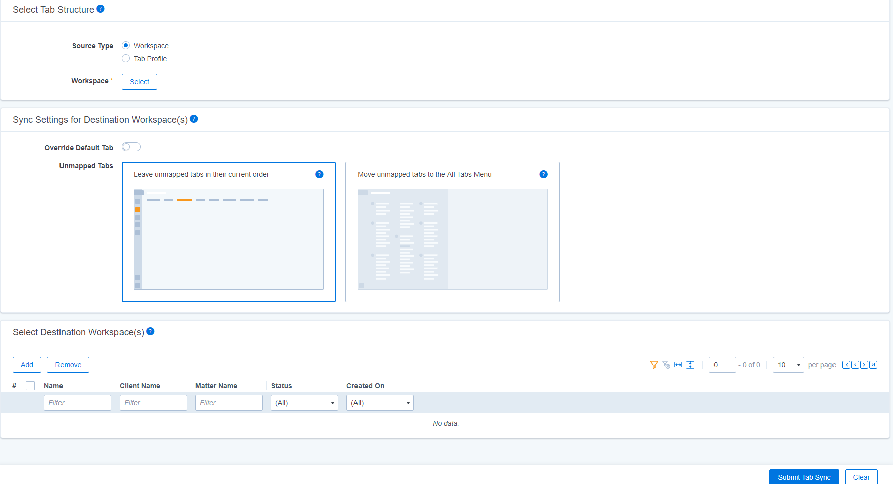 The tab sync user interface for mapped and unmapped tabs.