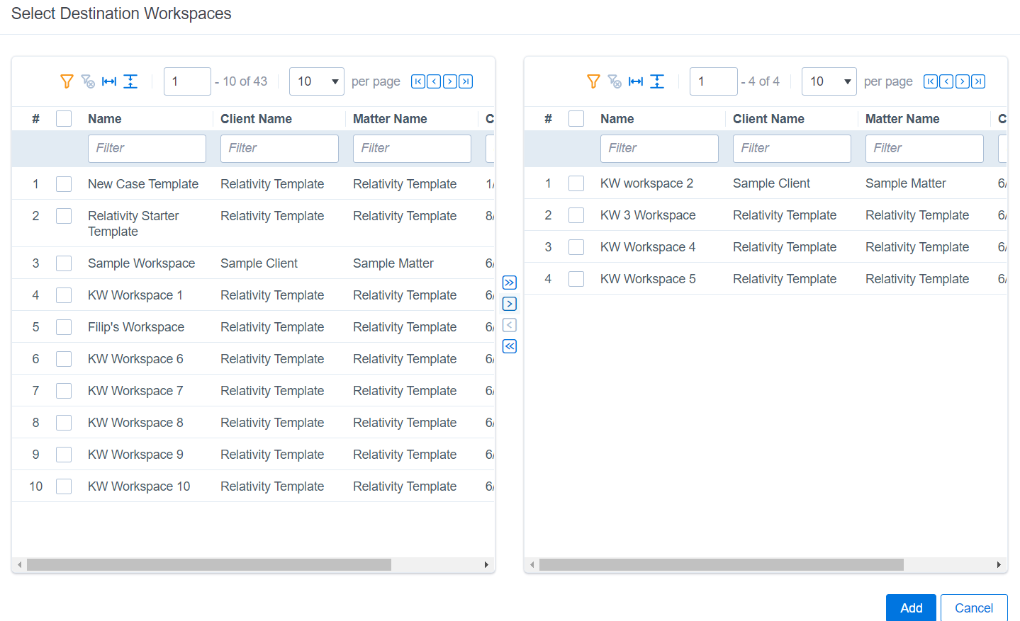 User interface for selecting a destination workspace.