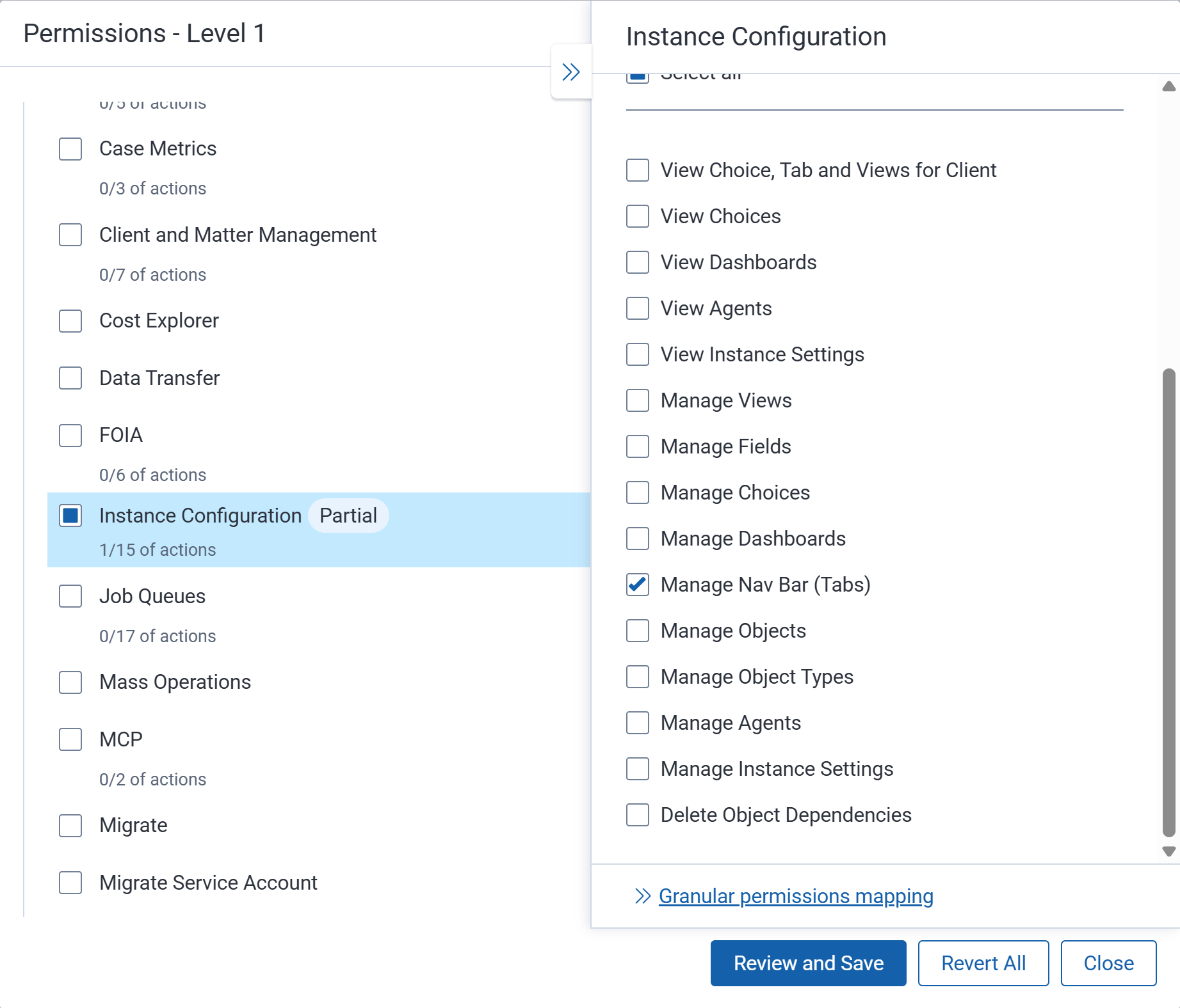 The instance-level Tabs Feature Permissions