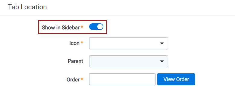 The Show in Sidebar option is highlighted in the Tab Location section.