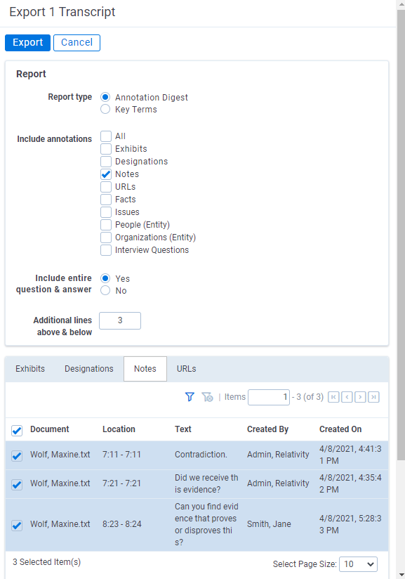 The Export X Transcript section