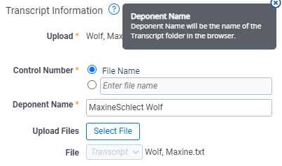 The Deponent Name tooltip displays in the Transcripot Information section.