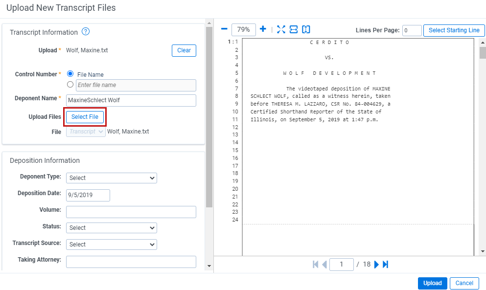 The Select File option is highlighted in the Upload New Transcript Files modal.