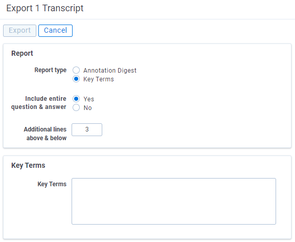 The Export X Transcript modal