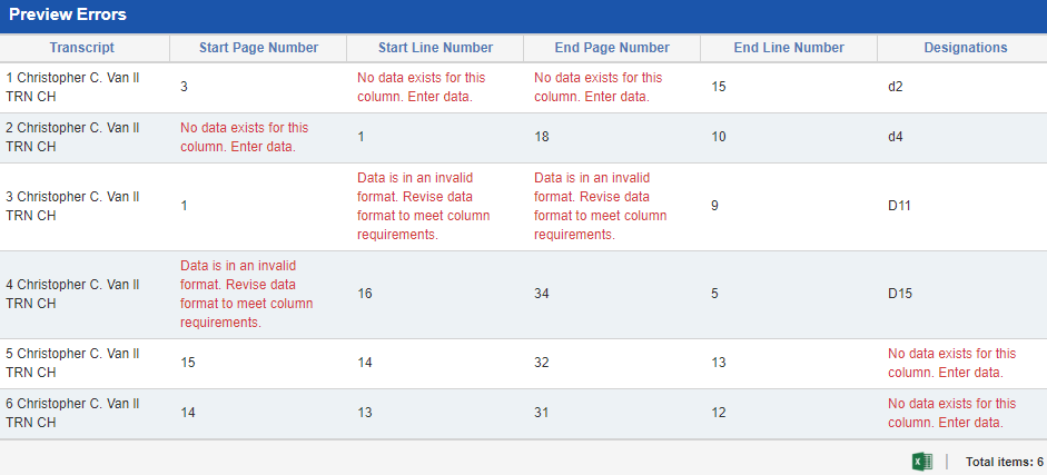 The Preview Errors window with a number of errors listed.