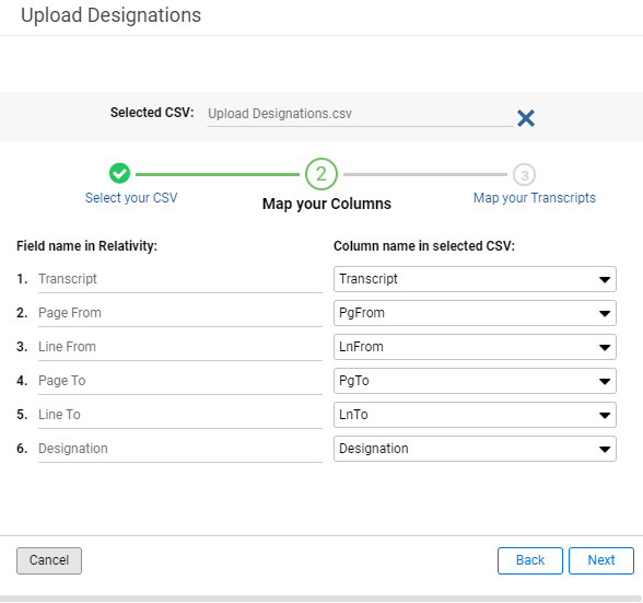 The Upload Designations modal with the fields mapped.