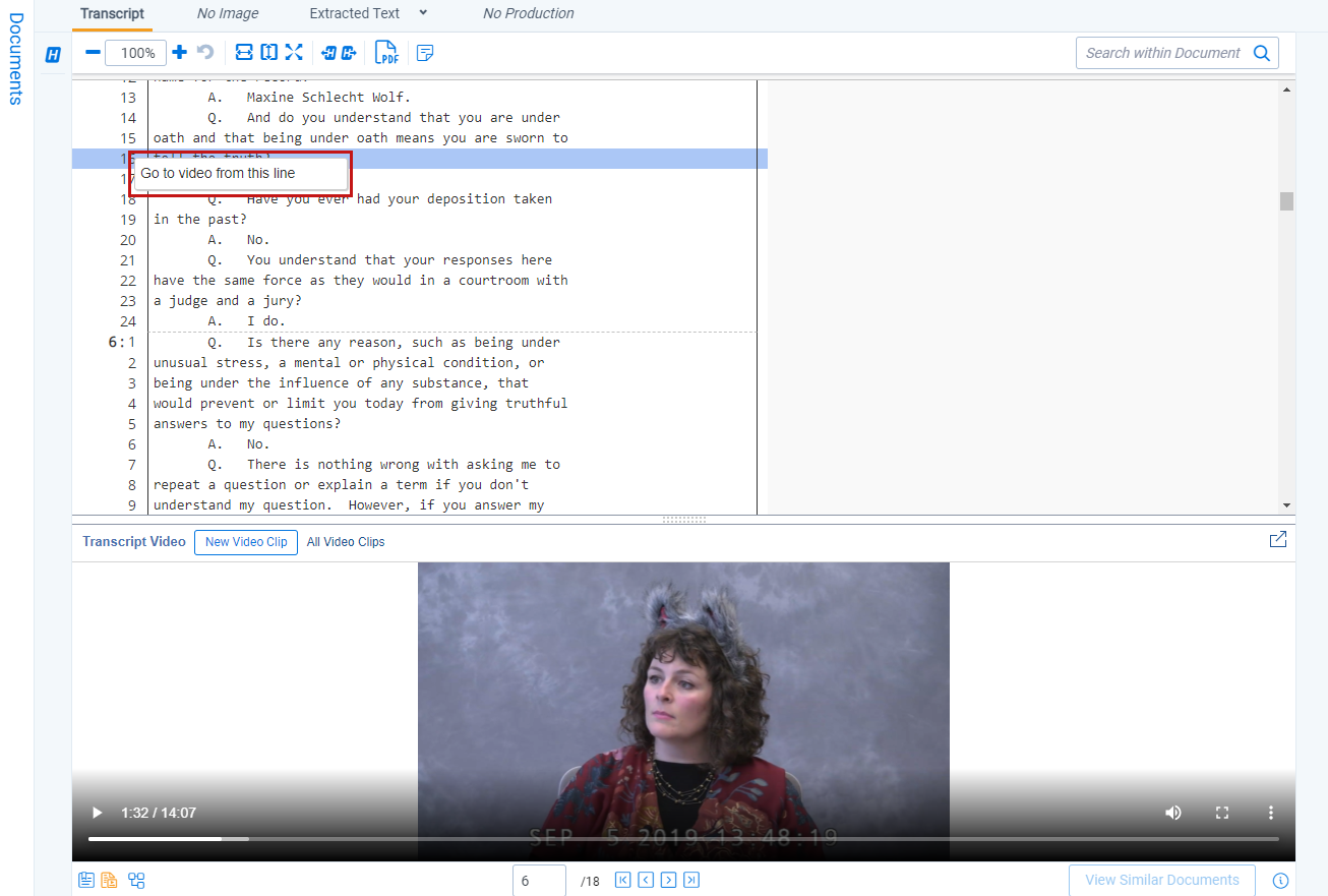 The Transcript Viewer with the Go to video from this line option highlighted.
