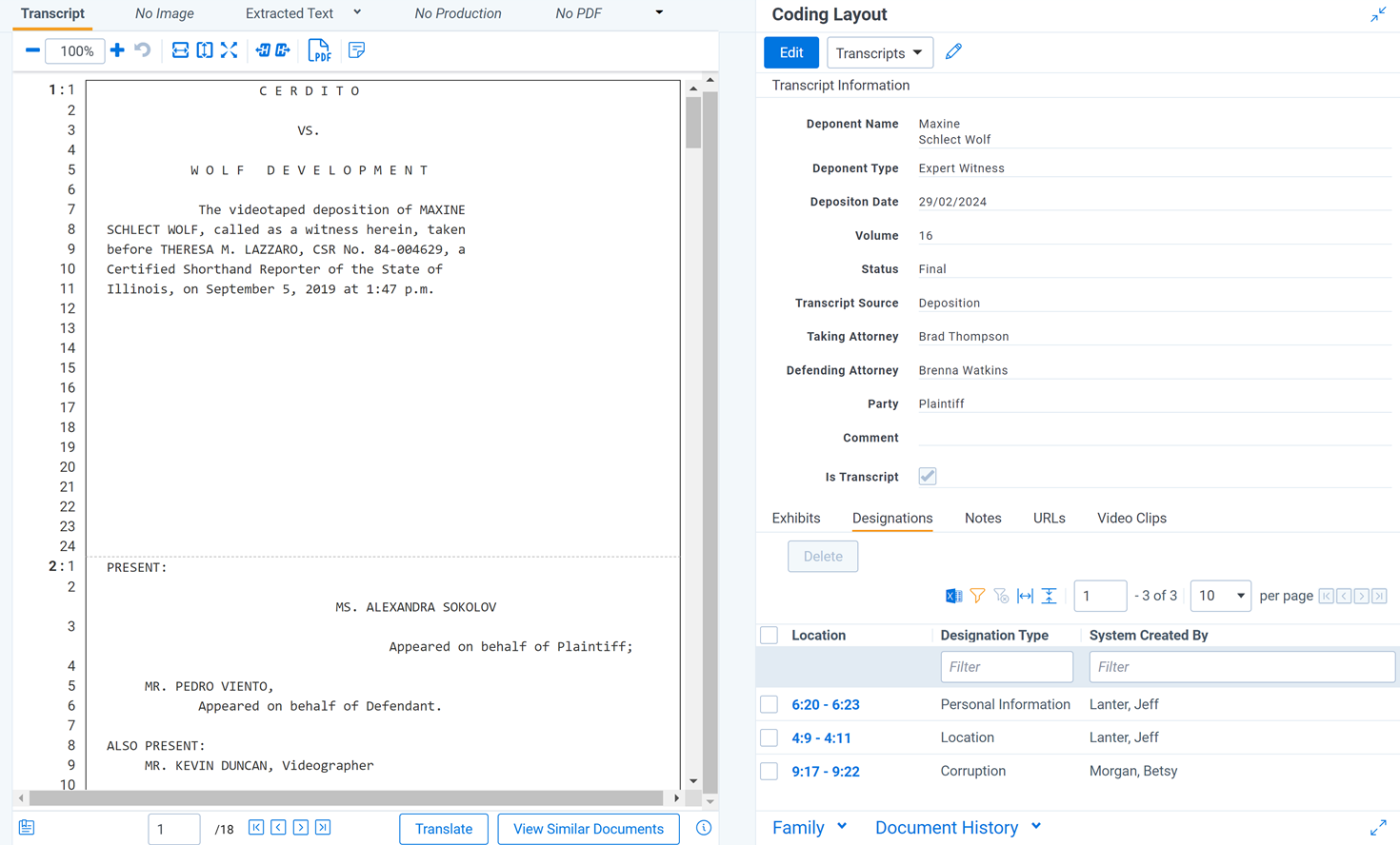 A document in the Transcripts Viewer is open with the Transcripts Layout also displayed.