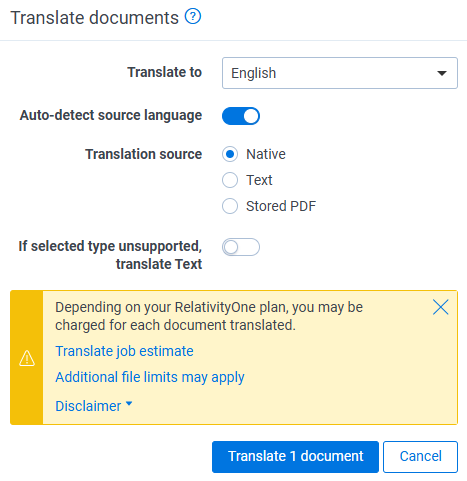 Translate documents confirmation modal.
