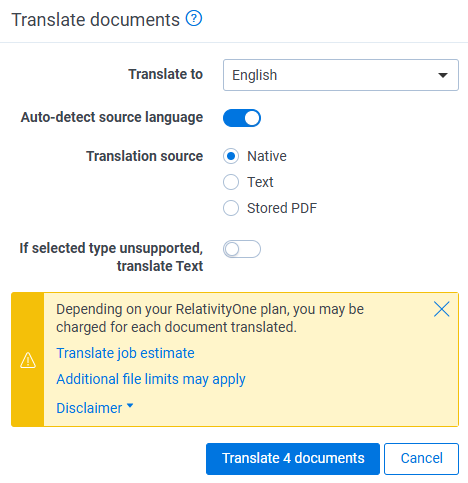Translate documents confirmation modal.