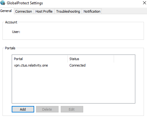 Global Protect settings window for troubleshooting