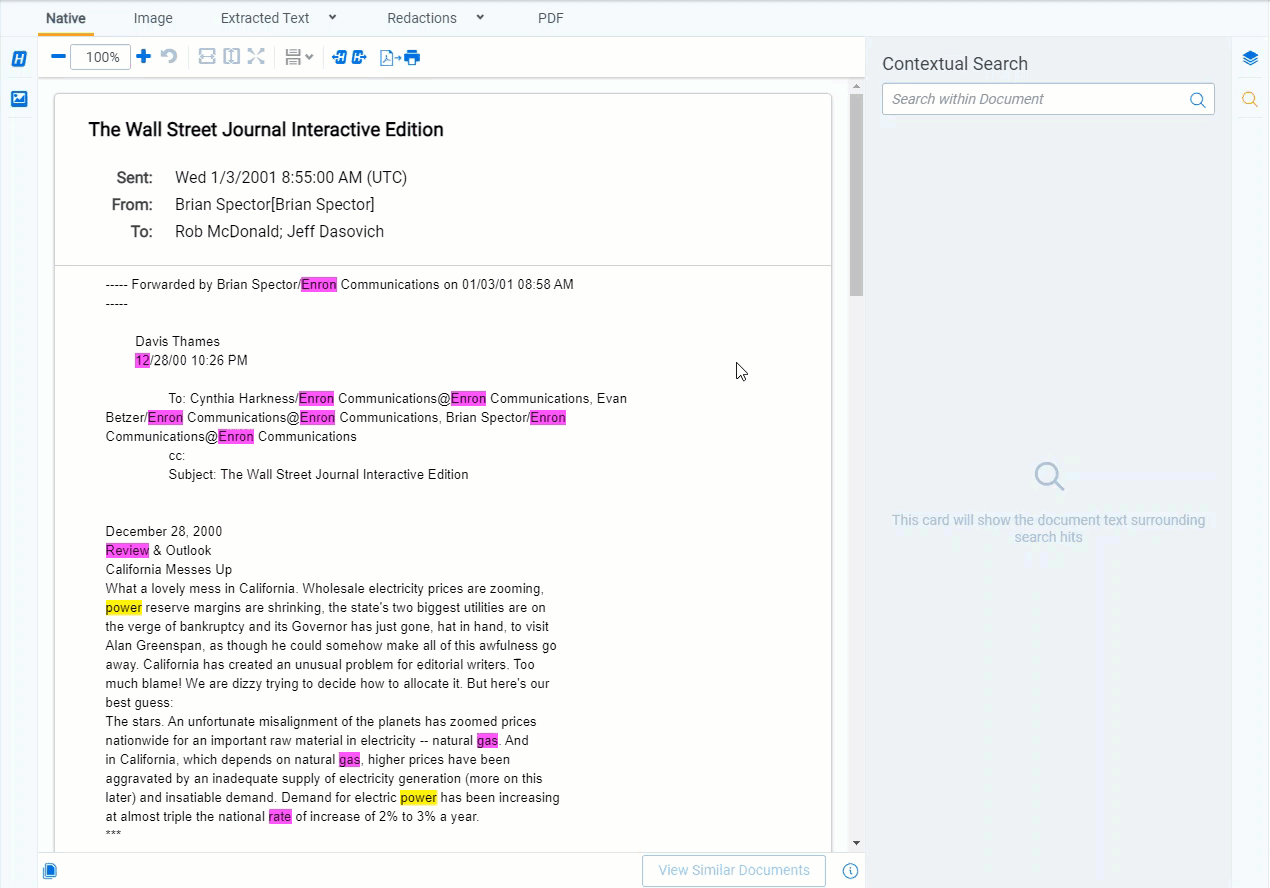 The Short Message Viewer displays with the Contextual Search pane expanded. The user enters a search term into the Contextual Search pane and clicks on several results to show how navigation works. 