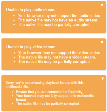 Examples of the three different messages that display when an audio or video file cannot play in the Viewer.