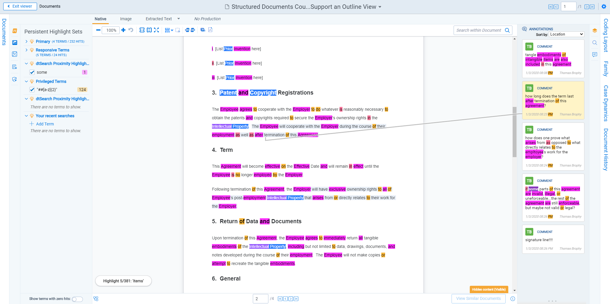 A document is open in the Native Viewer with leader lines and many highlights displayed.