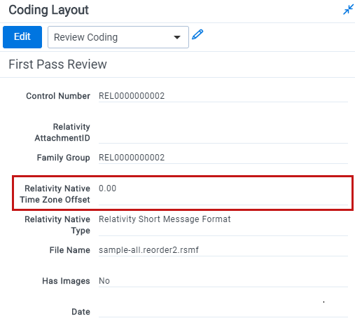 The Relativity Native Time Zone Offset field is highlighted in the Coding Layout pane.