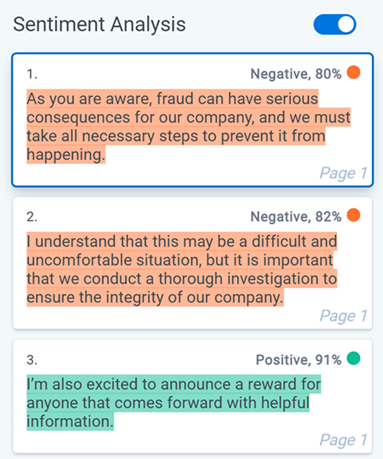 The expanded Sentiment Analysis panel with three results displayed.