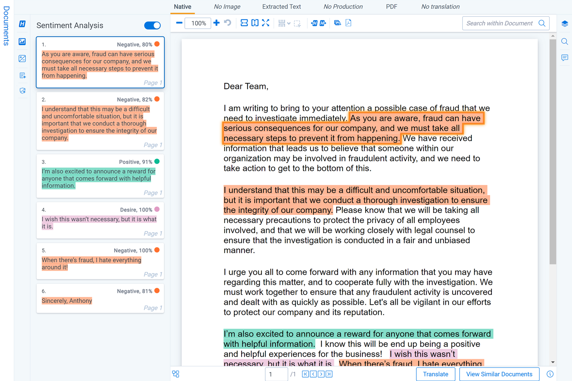 The Sentiment Analysis panel is expanded and displays a number of highlights that are also in the Viewer.