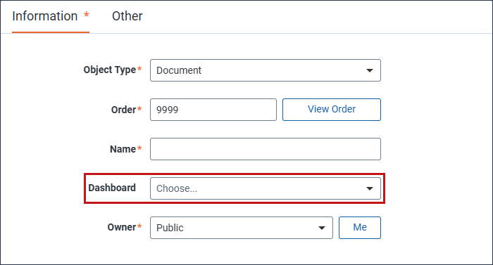 The Information tab is selected and the Dashboard field is highlighted.