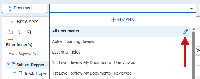 The Views drop-down menu is highlighted and an arrow points towards the Edit button next to the All Documents view.