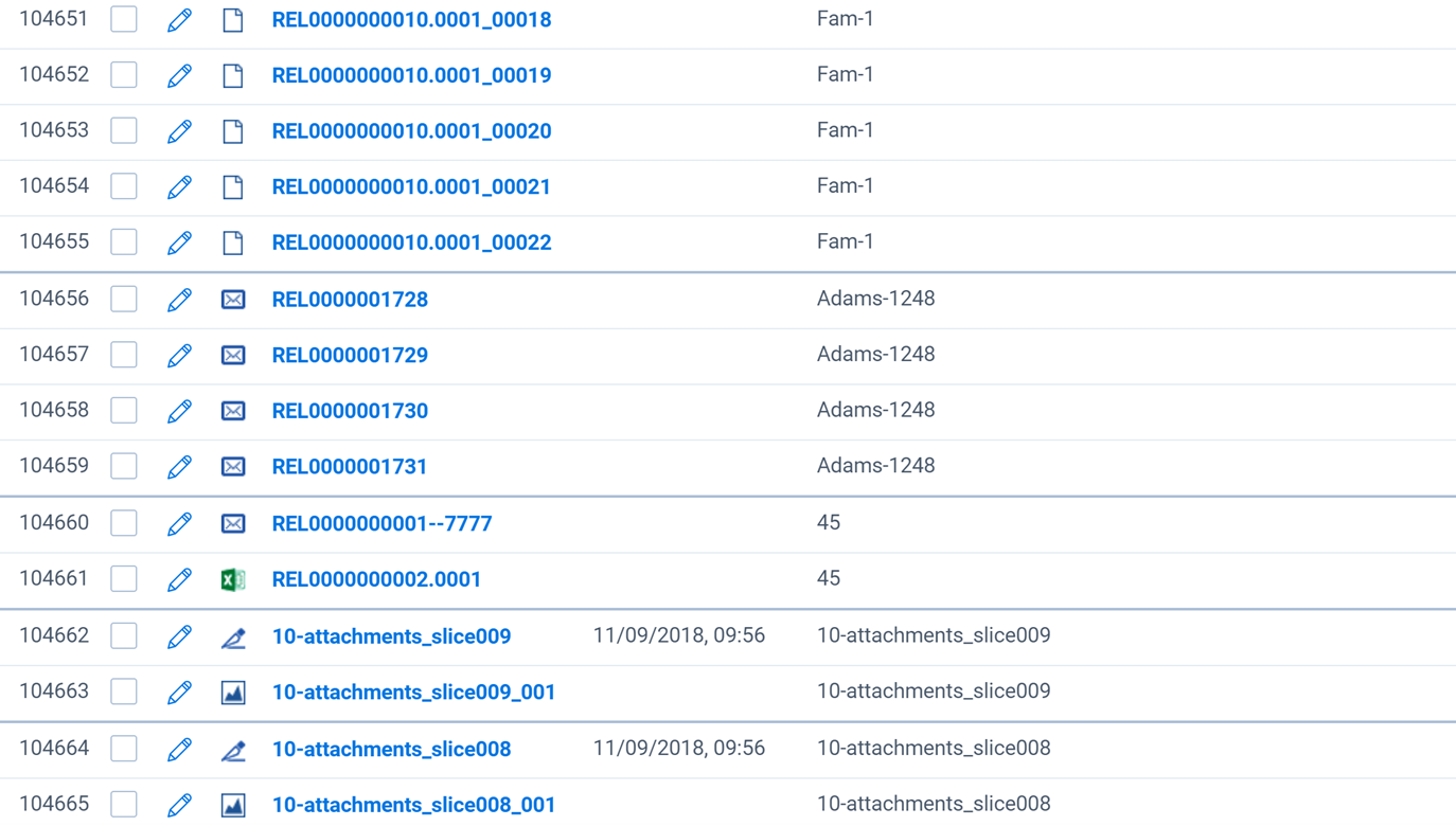 The document list with a number of family groups within the results.
